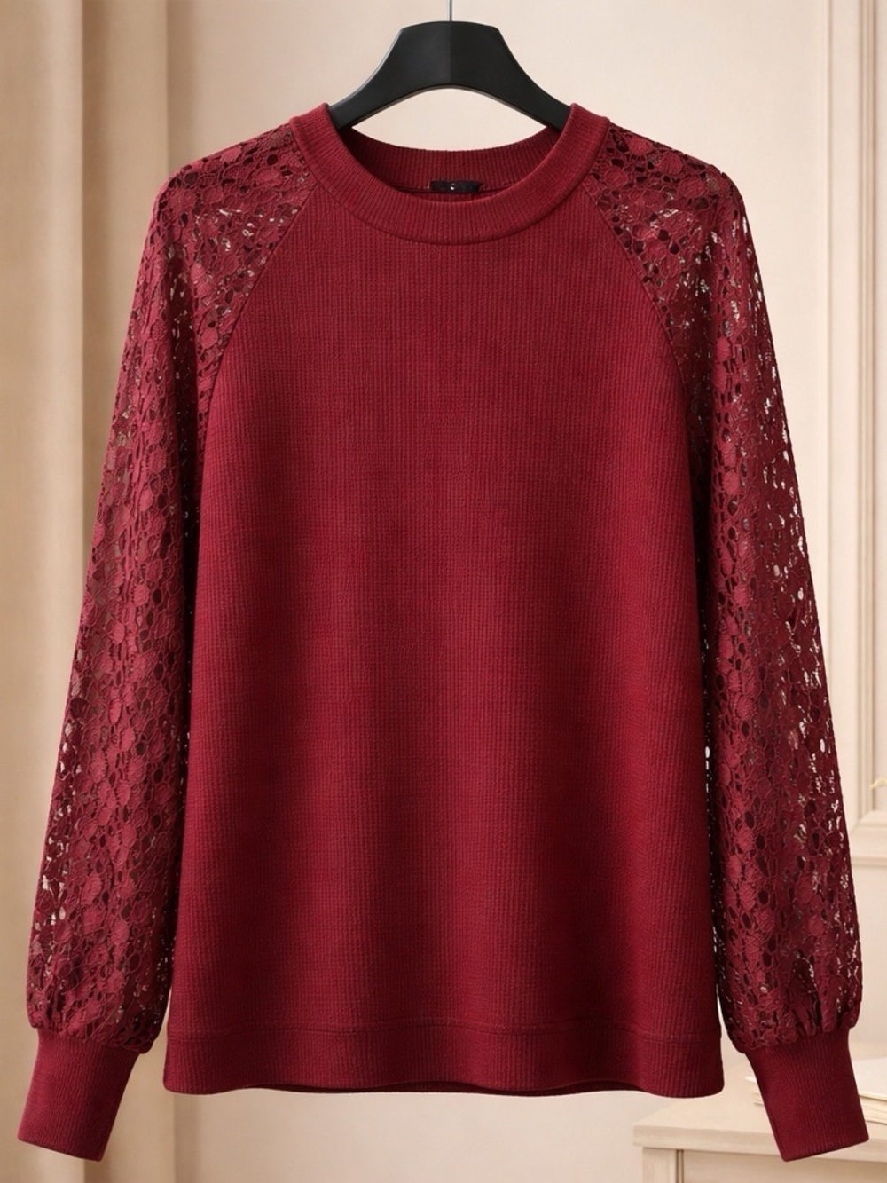 Lace-Sleeve Knit Pullover Sweater - Burgundy